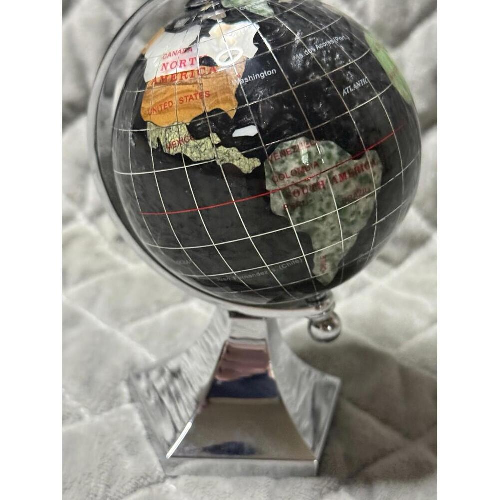 Rotating Globe 5.25” Paperweight Semi Precious Stone Inlays Silver Toned Metal - Picture 2 of 4